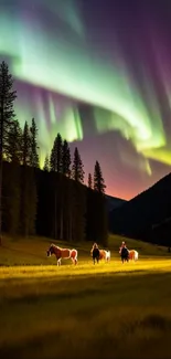 Wild horses graze under a vibrant aurora in a serene landscape.