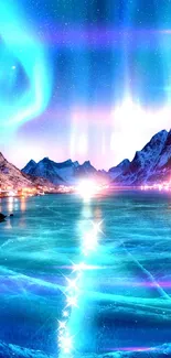 Aurora lights over a blue icy fjord surrounded by mountains under a starry night sky.