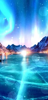 Northern Lights illuminate an icy landscape with mountains and a frozen lake.
