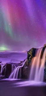 Colorful aurora borealis over an icy waterfall under a starry night sky.