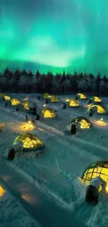 Aurora illuminating an igloo village under starry sky.