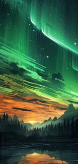 Aurora lights over a mountainous landscape with a starry sky.