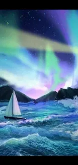 Vibrant aurora over a stormy sea with sailboat, creating a serene mobile wallpaper.