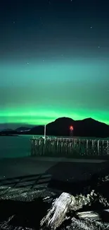 Aurora borealis illuminates a serene lake under a starry sky.