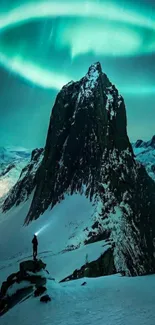 Stunning aurora over a snowy mountain peak, casting teal and white hues in the night.