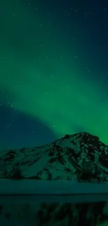 Green aurora lights above snowy mountain and starry night sky.