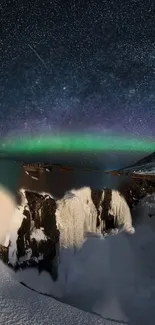 Aurora over snowy mountains under a starry sky.