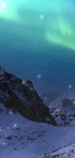 Aurora Borealis over snowy mountain peaks with a starry night sky.