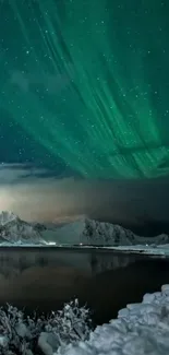 Northern lights over snowy mountains and serene lake.