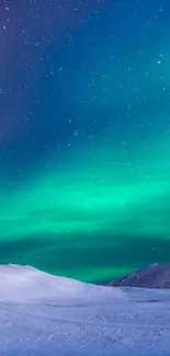 Vibrant aurora borealis over snowy mountains under a starry sky.