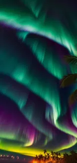 Northern lights illuminating a tropical beach with palm trees at night.