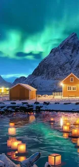 Northern Lights over winter lake with floating lanterns and snowy mountains.