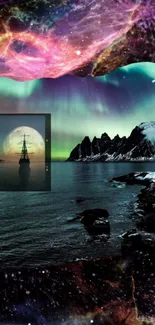 Ship under aurora and cosmic sky by snowy coast.