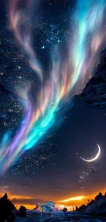 Colorful aurora lights across a starry midnight sky with a crescent moon.