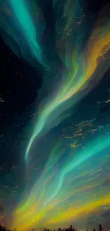 Vibrant aurora sky wallpaper with teal and yellow swirls at night.