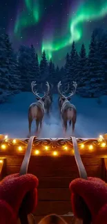 Reindeer pulling a sled under the aurora borealis lights in a snowy forest.