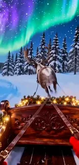 Reindeer pulling sleigh under Northern Lights in snowy forest.