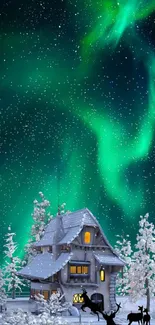 Snowy cabin under the Northern Lights in a starry winter sky.