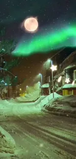 Winter night with aurora borealis over a snow-covered street.