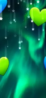 Mobile wallpaper of aurora borealis with colorful hearts.