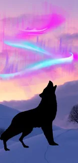 Howling wolf silhouette with vibrant aurora lights on a snowy hill.