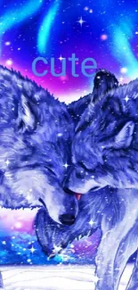 Two wolves under a colorful aurora sky in a snowy landscape illustration.