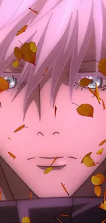 Anime character with autumn leaves falling around them.