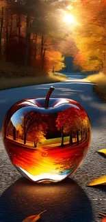 Reflective apple on a scenic autumn road, surrounded by vibrant fall foliage.