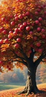 A vibrant apple tree in full autumn foliage.