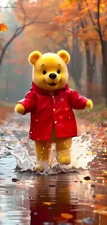 Bear in red coat splashes through autumn forest.