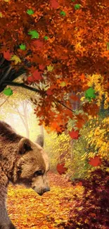 Majestic bear walking in vibrant autumn forest with colorful foliage.