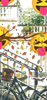 A smiley emoji-themed wallpaper with autumn leaves and vintage bicycle.