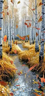 Autumn birch forest with falling leaves