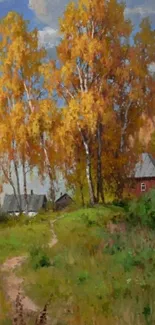 Golden birch trees by rustic houses in autumn landscape.