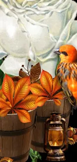 Artistic wallpaper with orange bird, fall leaves, white roses, and rustic barrels.