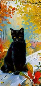 Black cat in vibrant autumn landscape.