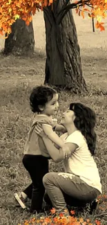 Children playing under autumn tree with orange leaves.