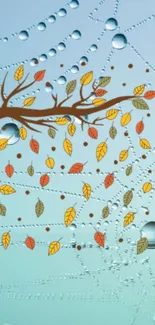 Autumn branch with colorful leaves on a light blue background.