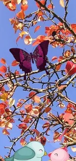 Autumn tree branches with leaves, cartoon birds, and a butterfly against blue sky.