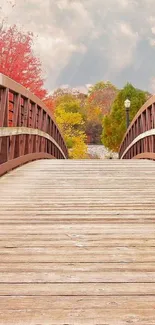 Autumn bridge with colorful trees and serene sky.