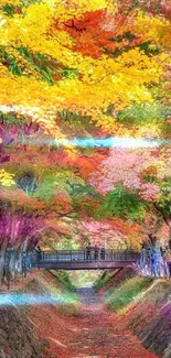 Vibrant autumn forest with bridge and colorful foliage.