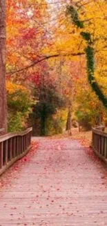 Serene wooden bridge with vibrant autumn foliage in a picturesque setting.