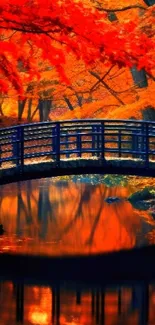 A vibrant autumn bridge over a reflective water body with red foliage.