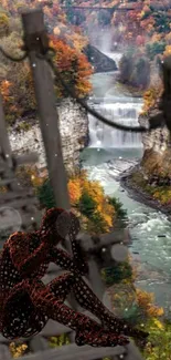 Autumn bridge with waterfall and foliage