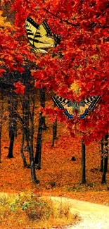 Vibrant butterflies in an autumn forest with red leaves.