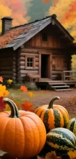 Log cabin with pumpkins and autumn leaves in a rustic setting.