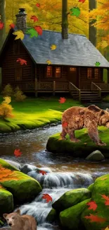 Log cabin in a vibrant autumn forest with a nearby stream and bears.