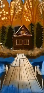 Charming autumn cabin with a wooden path leading towards a tranquil lake.