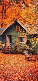 Cozy cabin amidst vibrant autumn leaves with an inviting, rustic atmosphere.