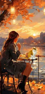 Woman enjoying coffee at a riverside cafe with autumn leaves and a cat.